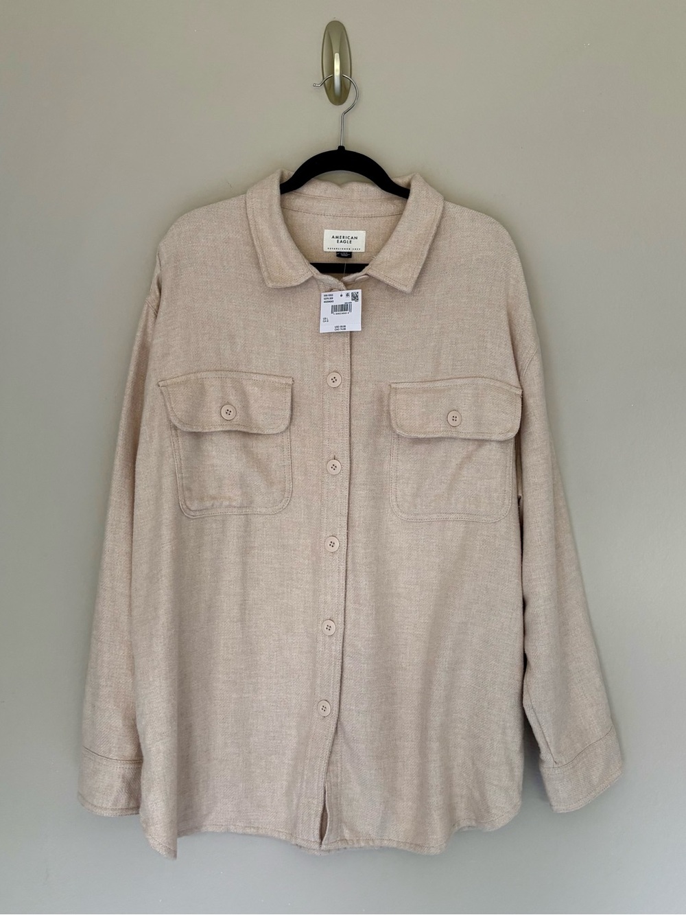 NWT AE American Eagle Oversized Fleece & Love Shacket Tan Sand Beige L - Picture 2 of 10